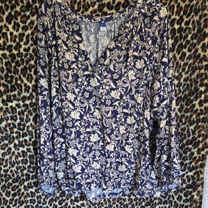 Old Navy Navy and Cream Floral V-Neck Blouse